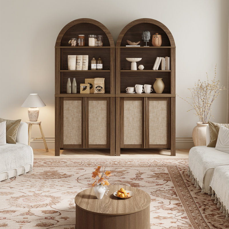 Retro Minimalism 70.5'' Tall Arched Display Cabinet With Solid Wood Handle（set Of 2）, Dark Brown