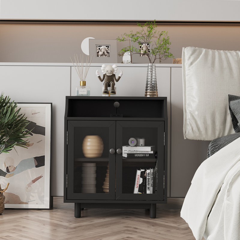 Table de chevet avec tablettes de rangement et armoires Porte vitrée, USB pour salon Chambre à coucher, Noir