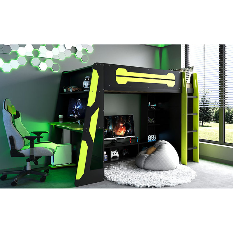 Lit mezzanine simple en bois avec bureau, tablettes multiples et lumière RVB, Vert