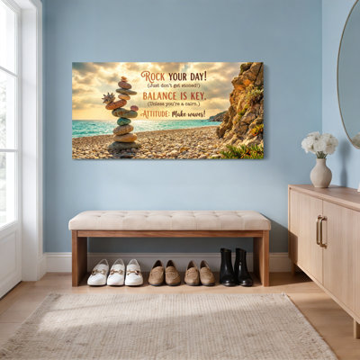 Tableau sur toile tendue représentant un coucher de soleil sur une plage rocheuse, avec la citation inspirante « L'équilibre est essentiel », une œuvre d'art motivante pour la décoration du salon, de la chambre ou du bureau (1 pièce)
