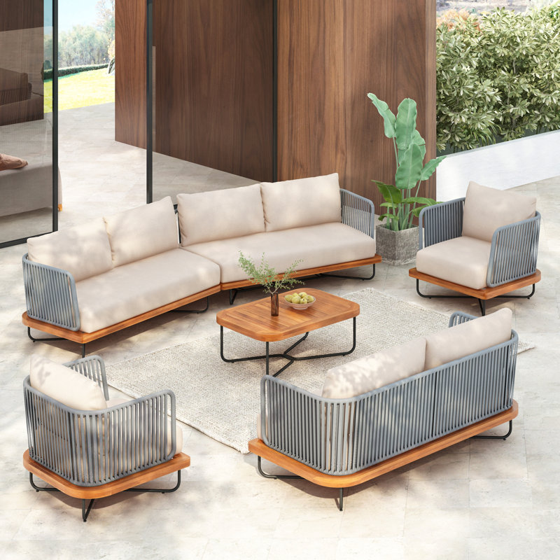 Outdoor 8 Seaters Acacia Wood And Rope Woven Paito Conversation Set, Beige