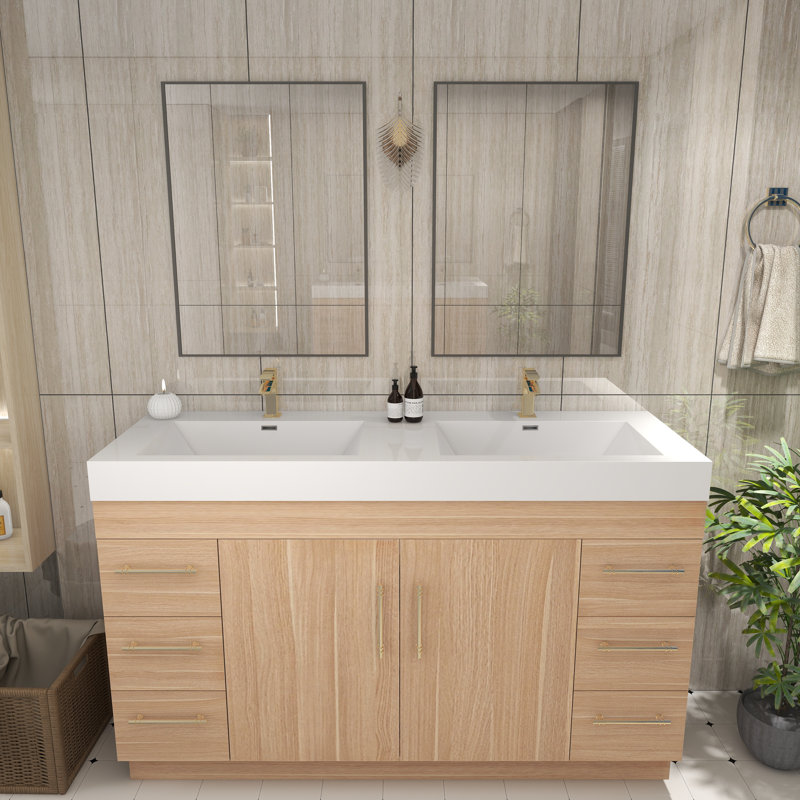 60" Double Bathroom Vanity Set with Drawers and Doors, Champagne Oak