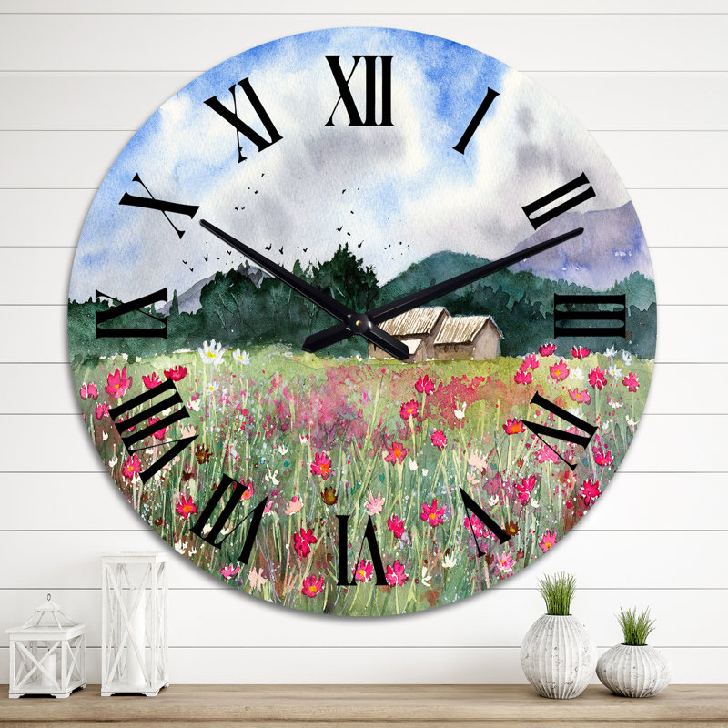 Paysage avec un champ de fleurs blanches et roses - Horloge murale, Moyen