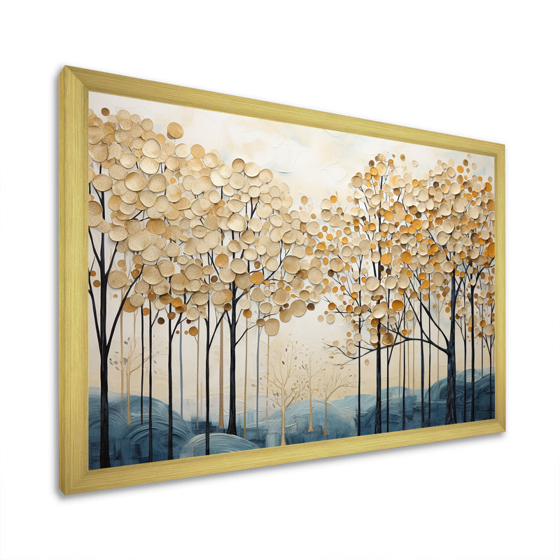 Minimalisme, arbres dorés et bleus scène IV - arbres, art mural, H 34 po x l 44 po x P 1,5 po, Cadre doré simple