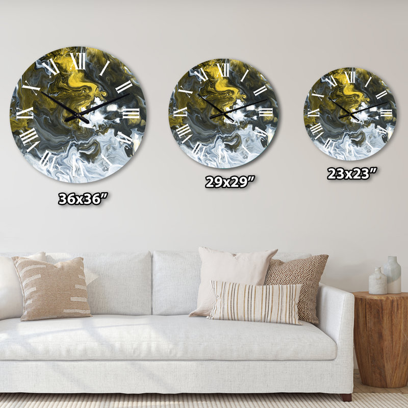 Horloge murale moderne noir et blanc, marbre liquide jaune II, Petit