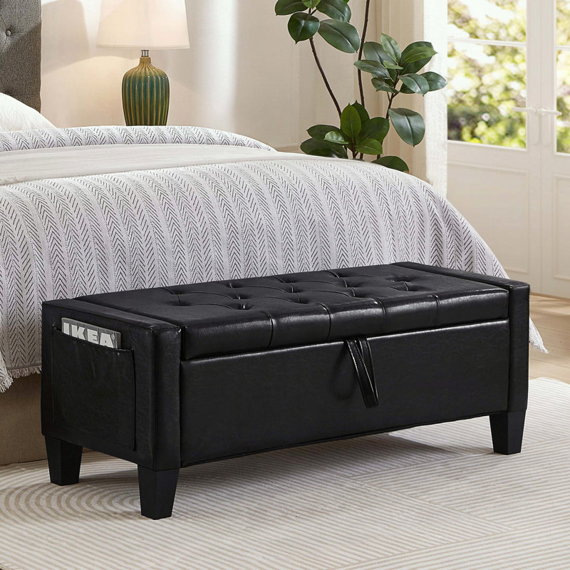 Banc en lin capitonné avec rangement, Noir