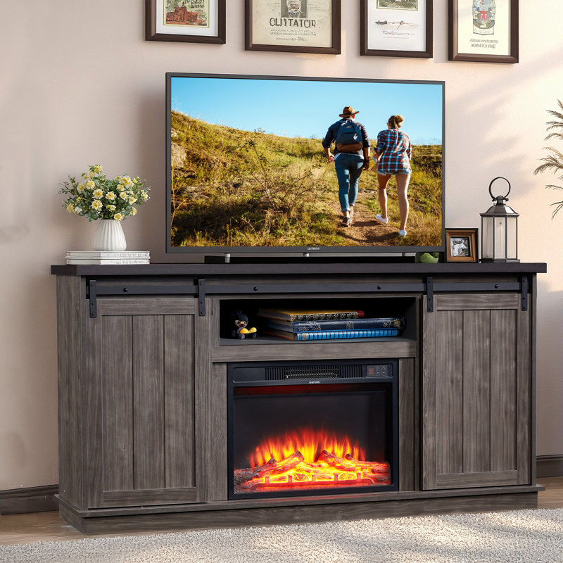 Meuble télé avec foyer de 63 po Gracie Oaks, Gris / Brun