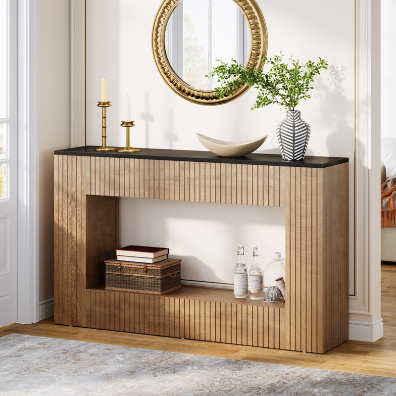 Modern Console Table, 55 Inch Wood Entryway Table With Storage, Black, Light Brown