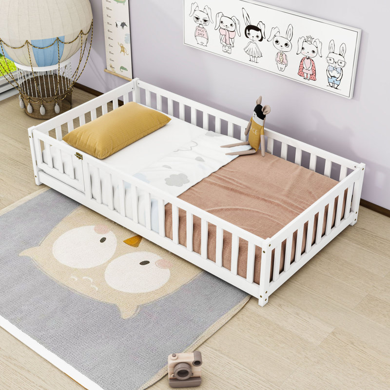 Lit en bois avec clôture et porte, Simple, Blanc