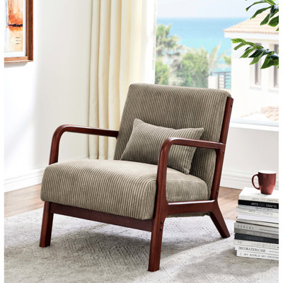 Fauteuil lounge en bois au fini naturel, forme incurvée, assise et revêtement en velours côtelé, soutien lombaire, couleur camel, profondeur 83 cm, largeur 66 cm, hauteur 79 cm, poids 15,1 kg, pour intérieurs modernes avec structure en bois, confort optimal.