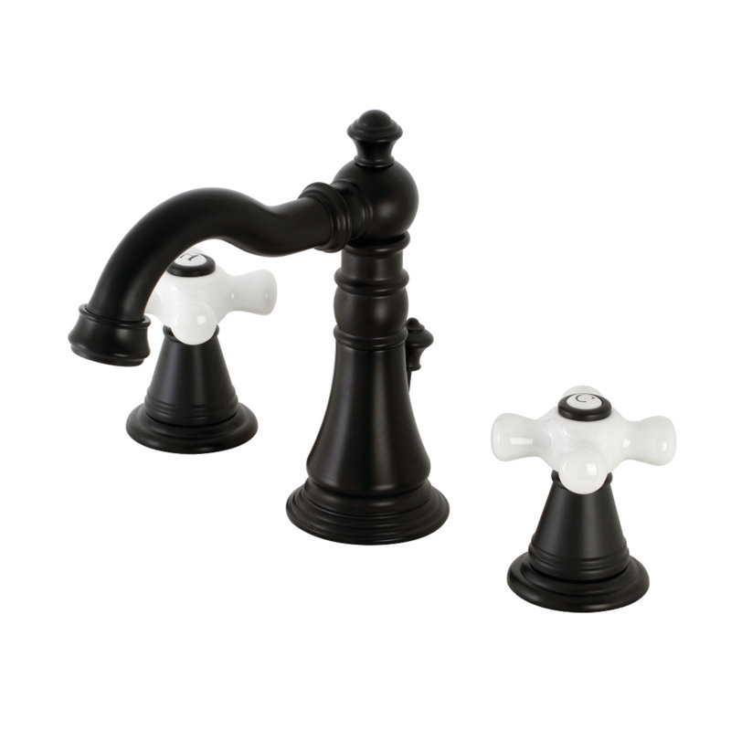 Kingston Brass American Classic Two-Handle 3-Hole Deck Mount Widespread Bathroom Faucet with Pop-Up Drain, Matte Black