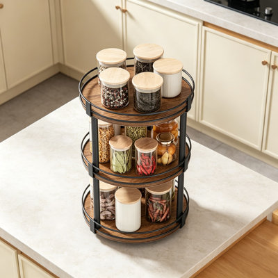 Organisateur de table tournante à 3 niveaux, support à épices rotatif avec rotation à 360 degrés, bois rustique et rangement de comptoir de cuisine en métal pour les épices, les canettes et les articles de toilette