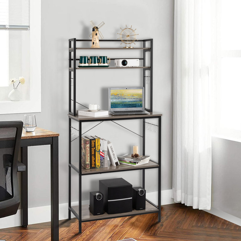 Washed Gray Industrial Metal and Wood Baker's Rack with Hooks