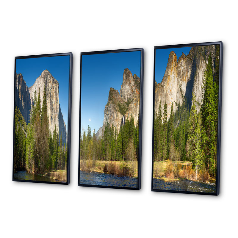 Yosemite Valley Panorama - ensemble d'art mural sur toile encadré paysage de 3, L 36 po x H 28 po, Noir