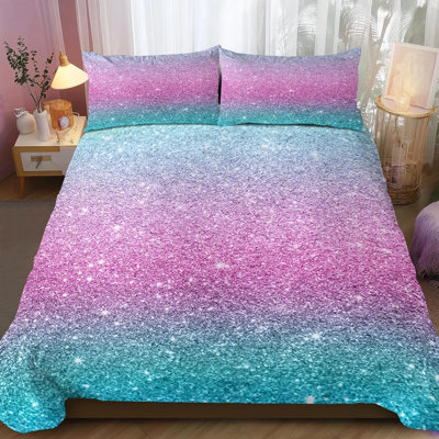 Ensemble de literie à paillettes colorées 3 pièces, housse de couette dégradé bleu rose, vert avec taies décoratives, literie en microfibre douce pour enfants, grand lit toutes saisons
