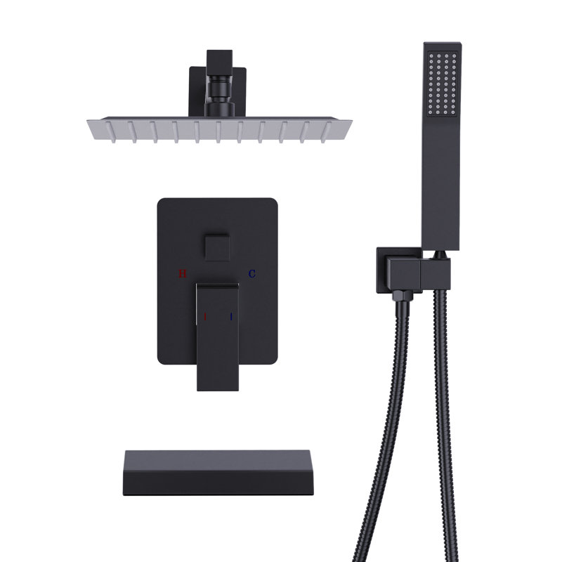 Topcraft Wall-Mounted 10-Inch Rain Shower System With Handheld Showerhead And Tub Spout, Matte Black