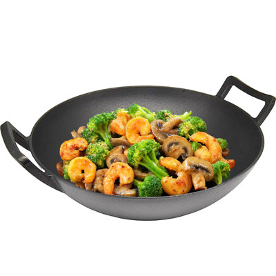Wok en fonte pré-assaisonné de 14,25 po avec deux poignées plates Cuisiland