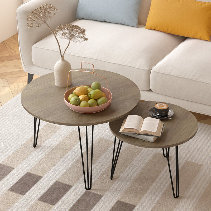 Table basse gigogne ronde 2, 27,27 po, métal, bois, salon, couleur brune 27,27 po sur 2, fabrication. Multifonctionnel pour la chambre à coucher, le bureau.