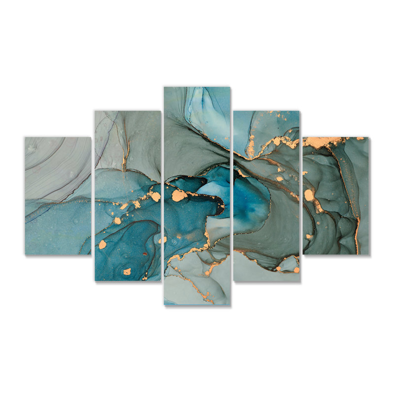 Marbre infusé d'or turquoise - peinture sur toile tendue 5 pièces