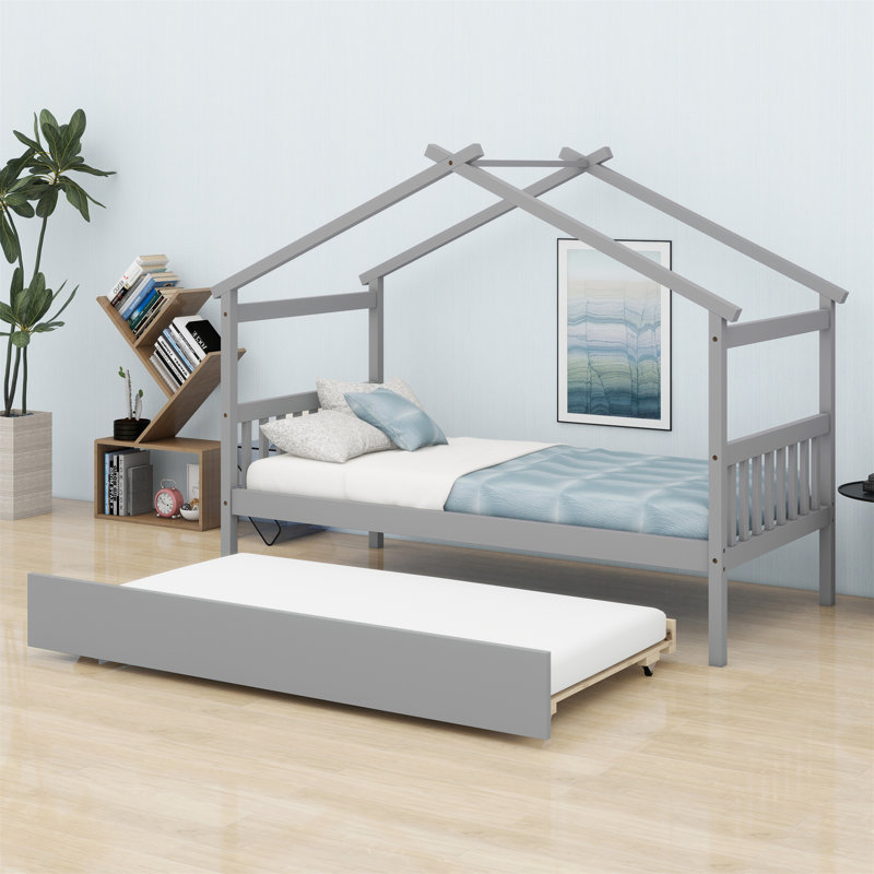Lit en bois avec lit gigogne, Gris