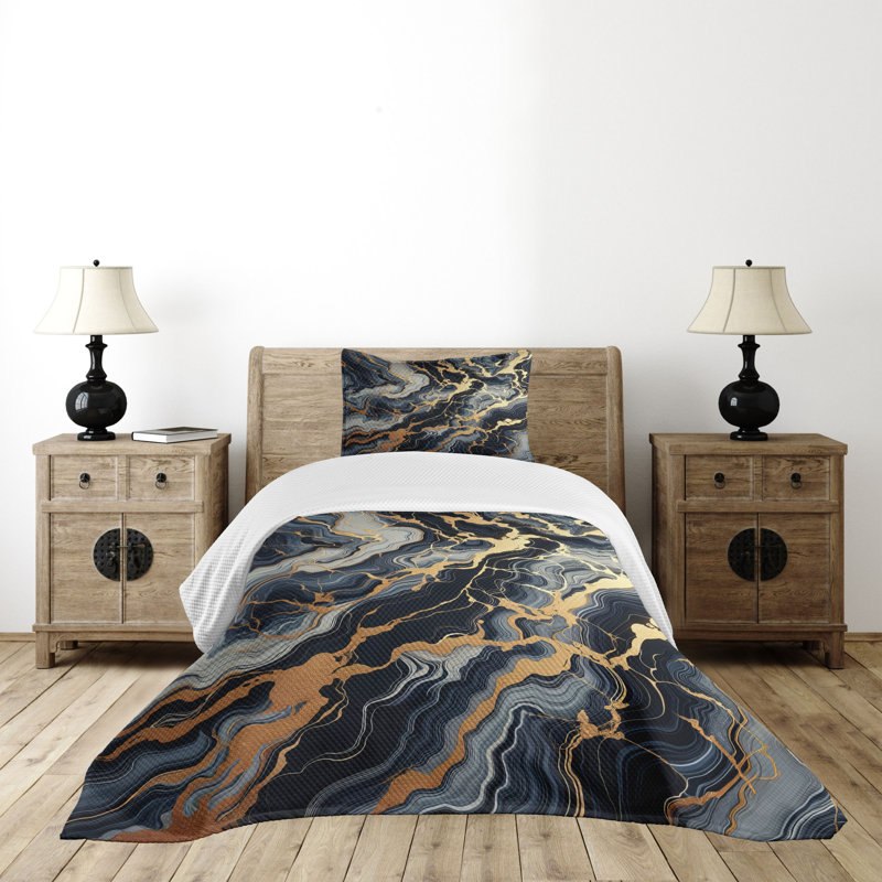 Twin Quilted Bedspread Set with Orange and Slate Blue Marble Print