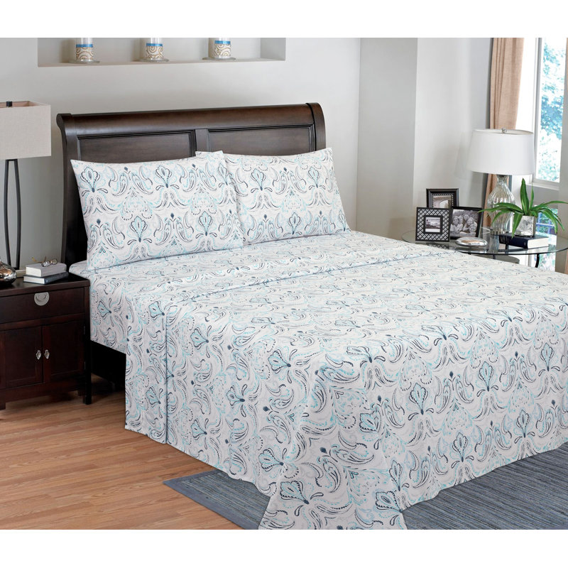 100% Cotton Percale Paisley Sheet Set, Queen Sheet Set + 1 Fitted Sheet + 2 Pillowcases