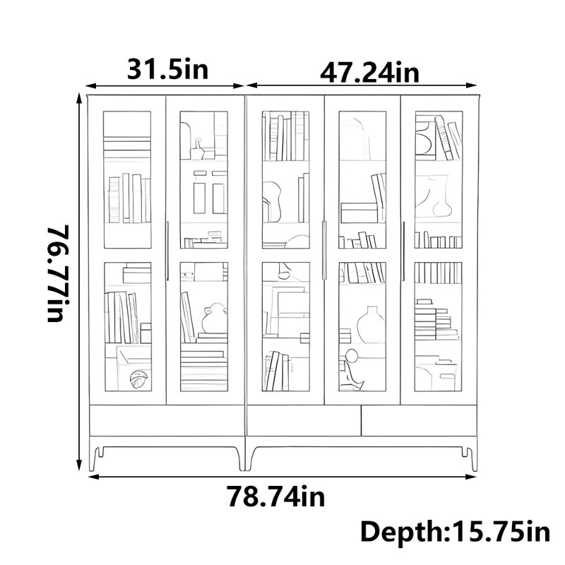 Bibliothèque classique noire, (10 tablettes) H 76,77 po x l 78,74 po x P 15,75 p