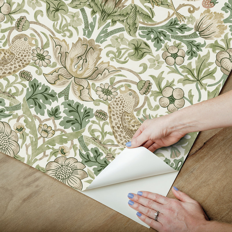 Strawberry Thief Fennel Peel and Stick Wallpaper, Green