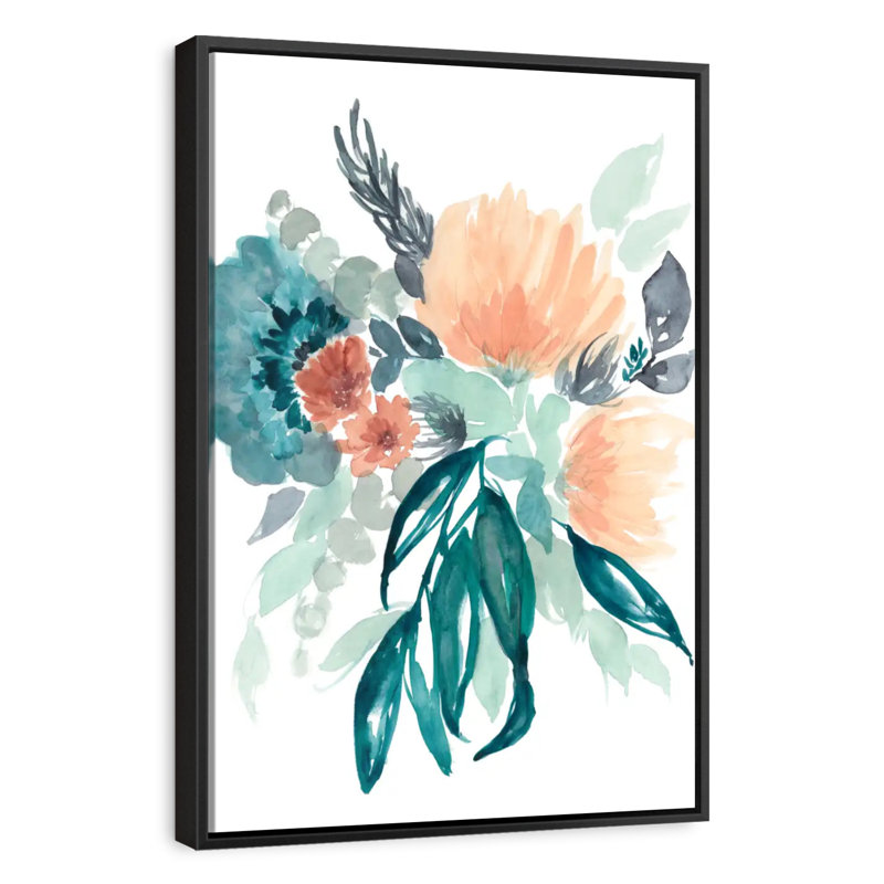 Bleu sarcelle et bouquet de pêche I, Cadre flottant noir, 27 po x 40 po