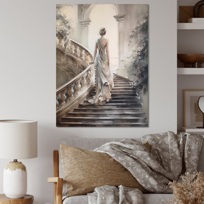 Stunning Girl By The Stairs II - Woman Romantic Canvas Art