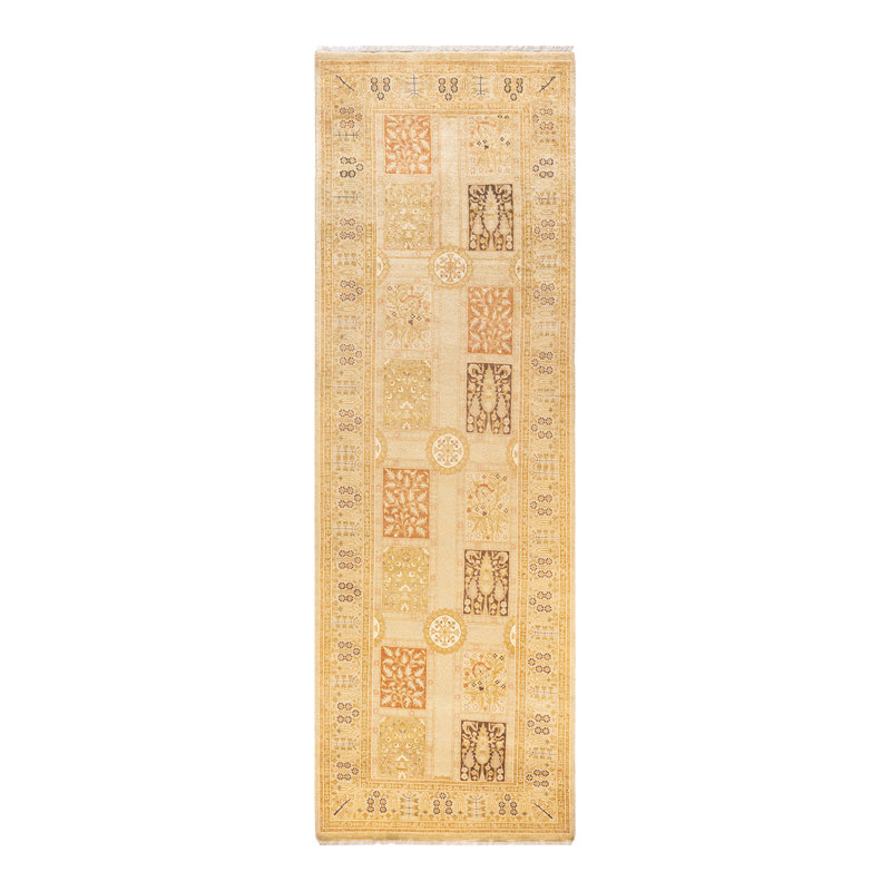 Ivory and Beige Hand-Knotted Wool Runner Rug with Floral Motif