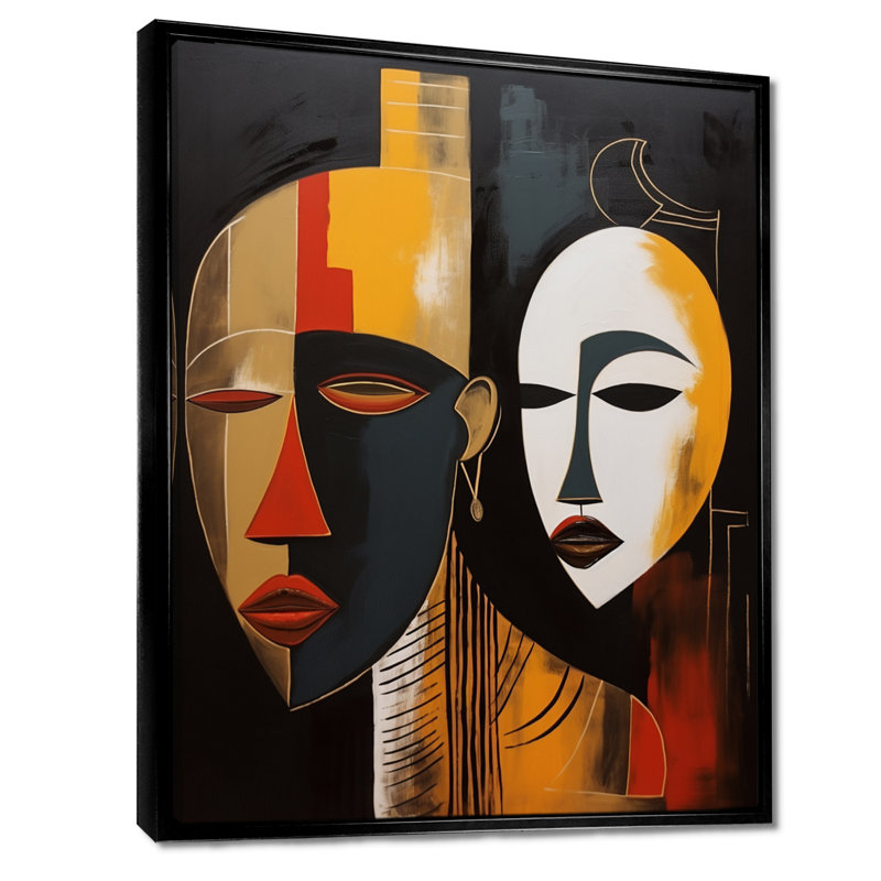 Abstrait double portrait Yin Yang - Masque africain, art mural salon, Cadre flottant noir, H 40 po x l 30 po x P 1,5 po
