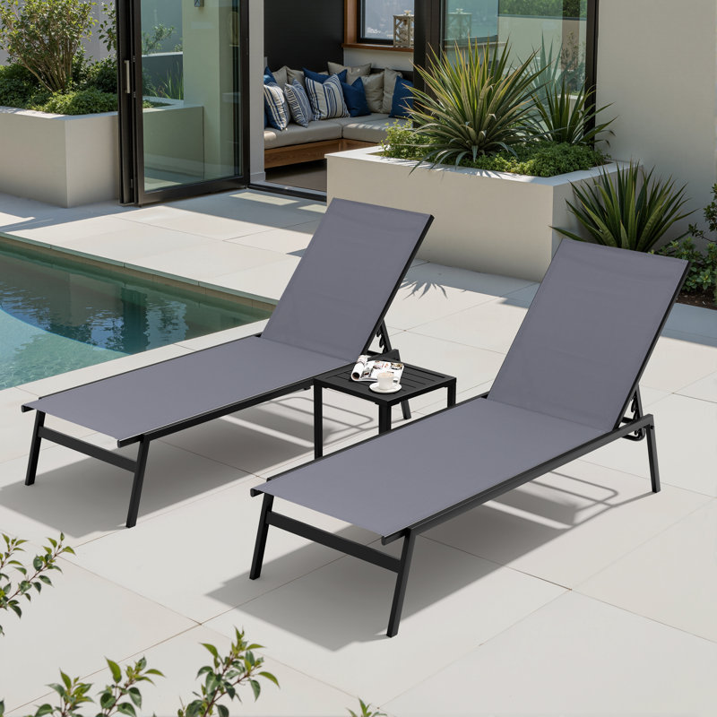Esko Metal Outdoor Chaise Lounge Set with Table, Light Gray/White