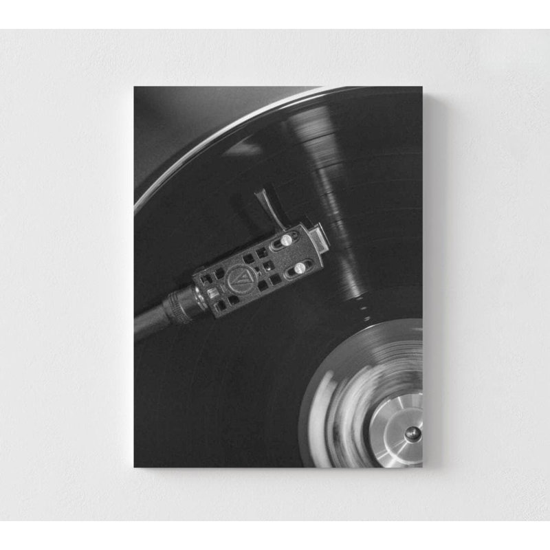 Spinning Vinyle - reproduction de photographie de musique en noir et blanc, Impression encadrée sans passe-partout