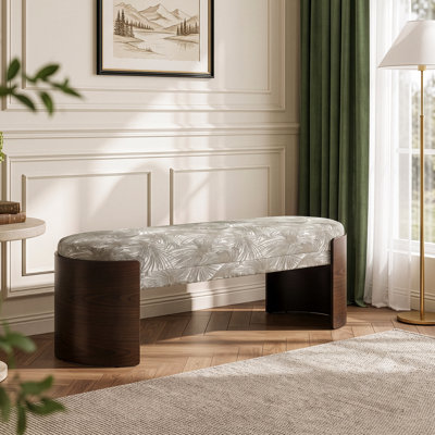 Mid-Century Modern Upholstered Bench - Chenille Palm Leaf Print with Curved Walnut Legs for Entryway or Bedroom