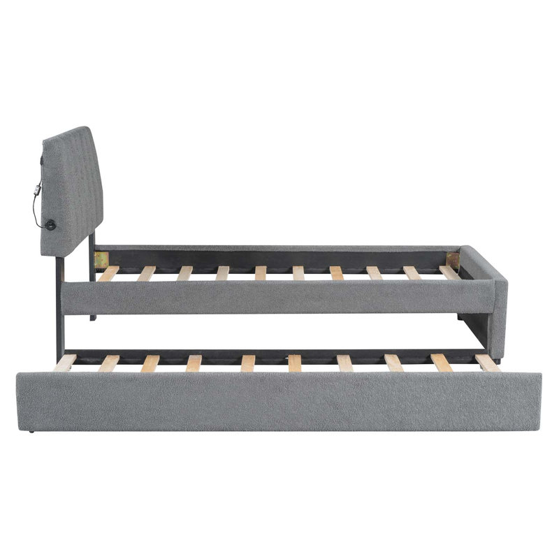 Lit plateforme tapissier simple avec lit gigogne Teddy, Gris