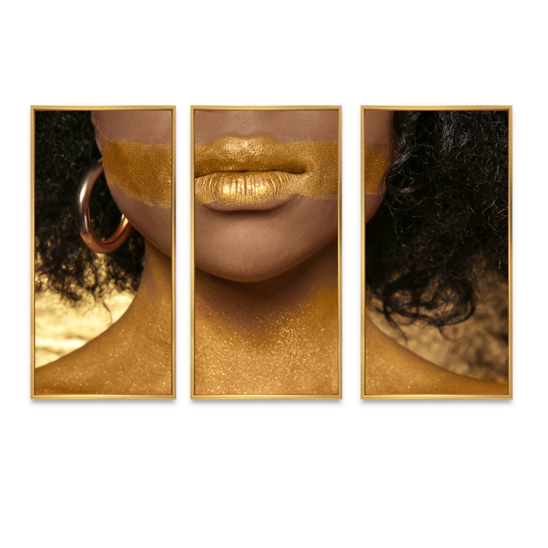 Femme afro-américaine avec peinture dorée sur corps - ensemble d'art moderne sur toile encadrée moderne de 3, Cadre doré