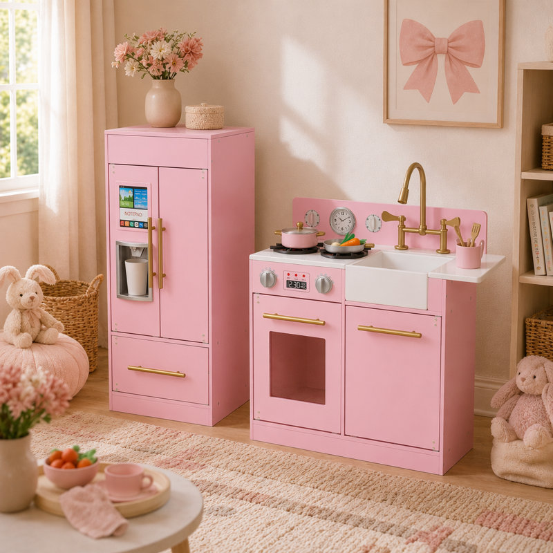 Teamson Kids Little Chef Charlotte Wooden Play Kitchen & Refrigerator Set, Pink