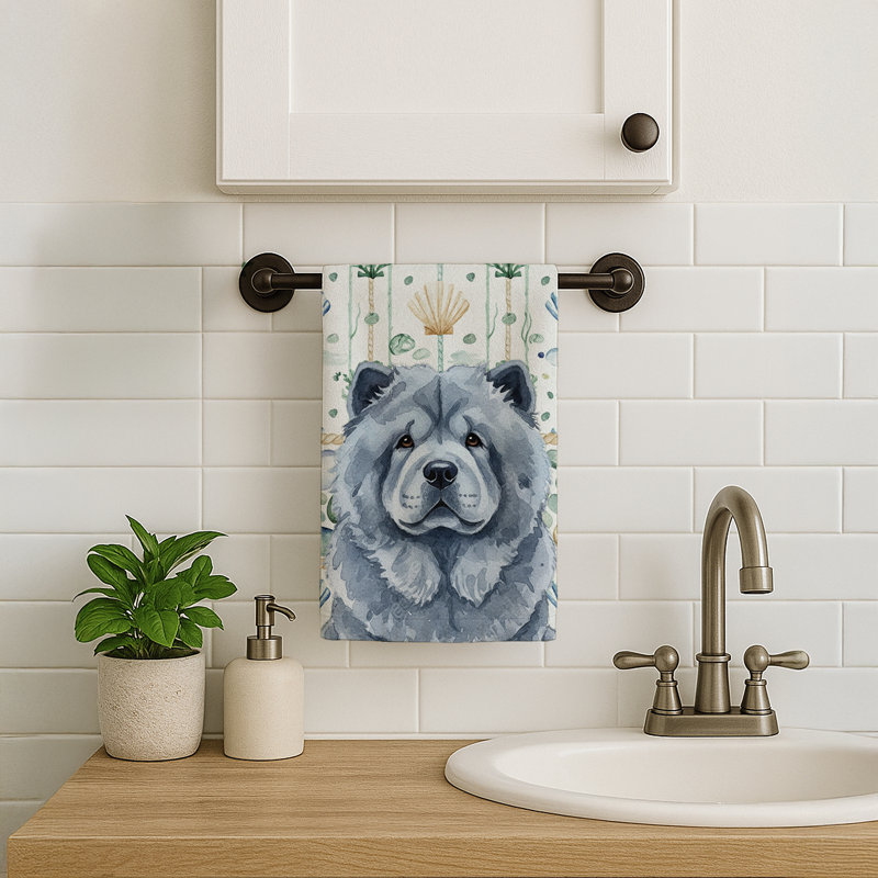 Serviette de cuisine blanche en verre de mer à épagneul tibétain blanc, Blue Chow Chow