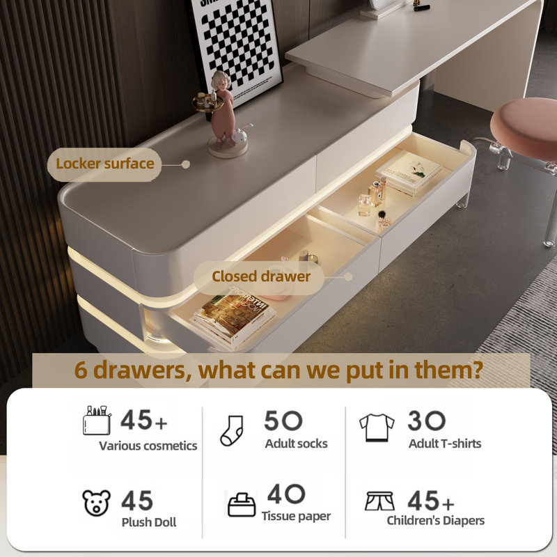 Rajni Expandable 51.18 '' - 90.55 '' Modern Makeup Vanity with Integrated Lighting, Multiple Storage Spaces (6-Drawers)