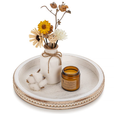 Plateau de service décoratif en bois: perle blanche délavée, plateau rond, décor pour table basse, plateaux en bois rustique, centre de table de ferme pour le comptoir de cuisine du salon