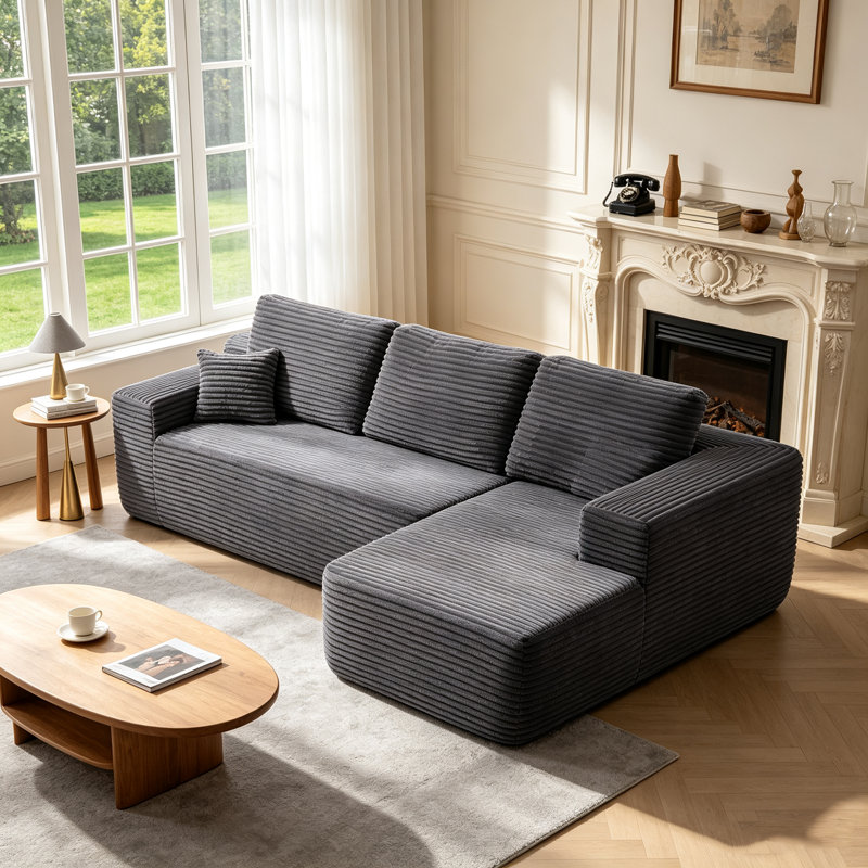Boneless Corduroy L-Shape Modular Sectional Couch with Chaise - Soft Upholstered, Roomy Deep Seat, No Assembly Required, Timeless Stylish Furniture for Living Room Bedroom Apartment Home Office