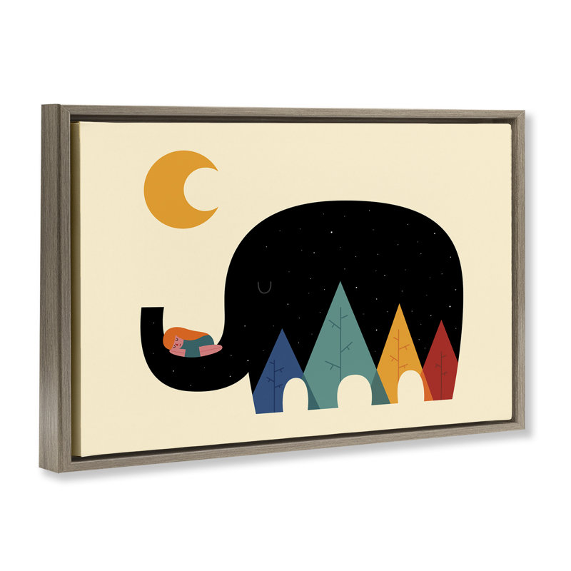 «Elephant Silhouette», art mural par Andy Westface, H 17 po x l 25 po, Cadre flottant orme Montalcino