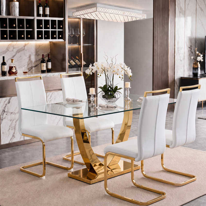 Ensemble de salle à manger 5 pièces rectangulaire moderne en verre trempé avec base en métal et chaises en porte-à-faux en similicuir