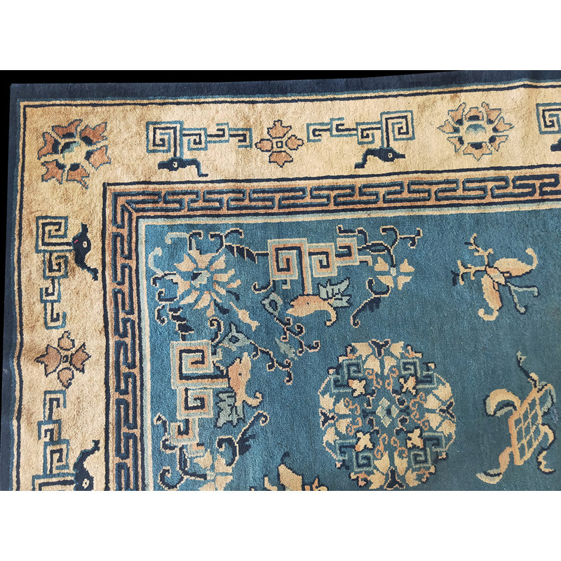1900s Hand Knotted Pile Wool Antique Floral Medallion Rectangle Blue Rug
