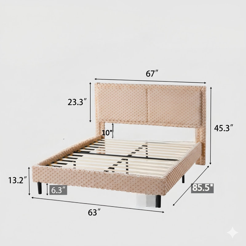Simple, Modern Bed With A Camel-Colored Plush Soft Upholstery For Comfortable Backrest, Queen Size.
