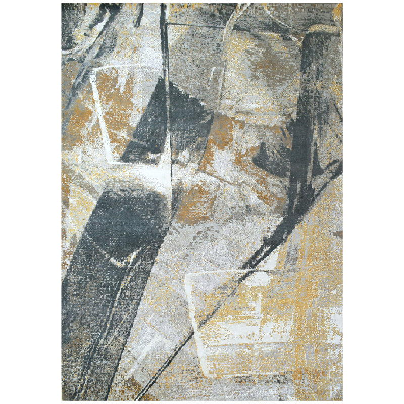 Handmade Silk and Wool Abstract Area Rug, Rectangle 10' x 14'