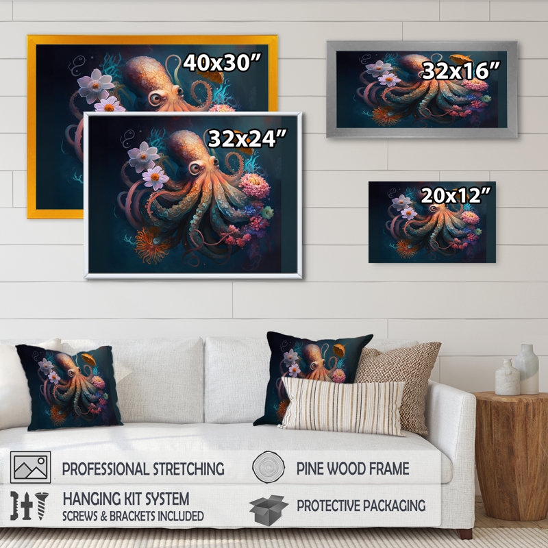 «Octopus in the Ocean with Flowers II», reproduction sur toile, H 24 po x l 32 po x P 1 po, Toile avec cadre flottant noir