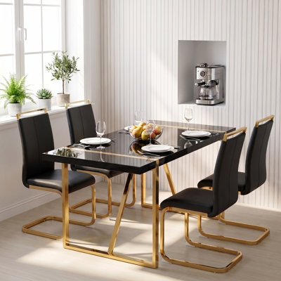 Ensemble de salle à manger 5 pièces rectangulaire moderne avec table haute brillance et chaises en porte-à-faux en similicuir