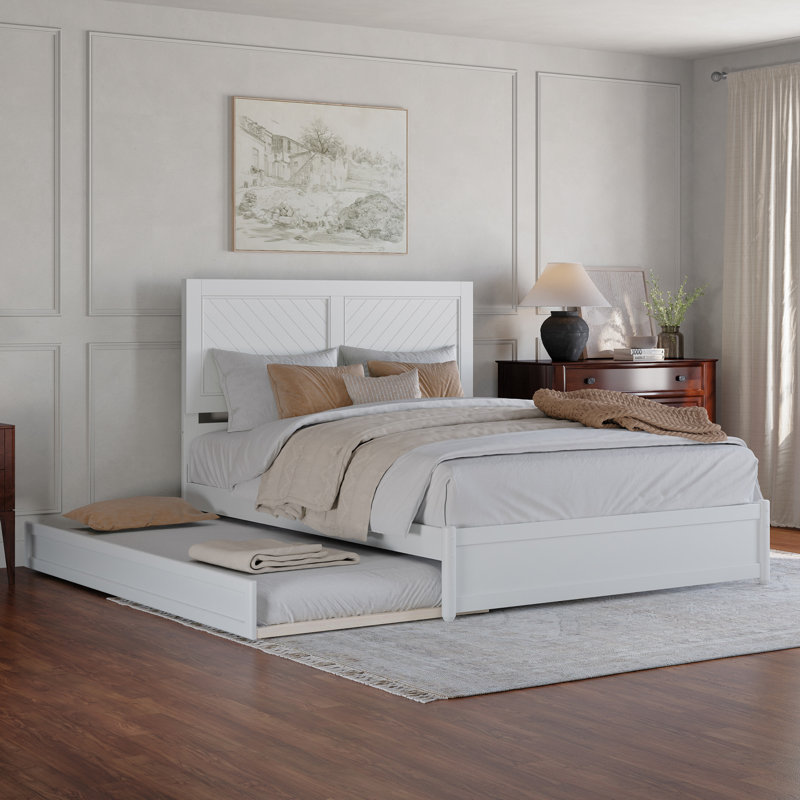 Lamarkus Solid Wood Platform Bed with Footboard & Trundle, White, Queen